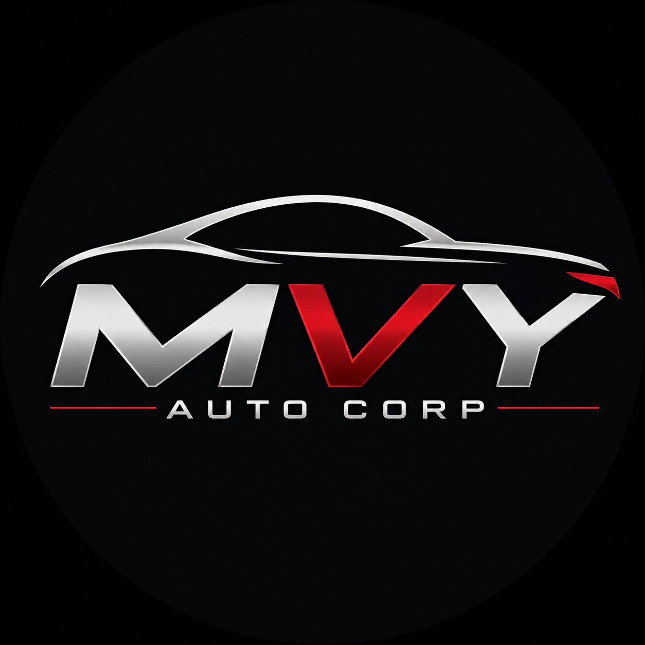 Logo de MVY AUTO CORP., automóvil plateado con letras MVY y acento rojo